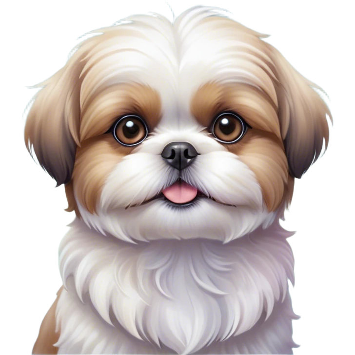 Cinematic Cute Shih Tzu Portrait Emoji, Head playfully tilted with large, sparkling eyes and a fluffy, endearing fur in gentle, pastel tones, simplified yet irresistibly charming, highly detailed, glowing with a warm, cuddly radiance, high shine, radiating affectionate and joyful energy, styled with a soft, playful outline, capturing the essence of a cute Shih Tzu that seems destined to charm everyone in its path! emoji