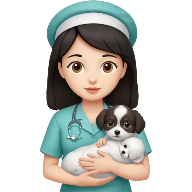 dark haired nurse holding baby dog emoji