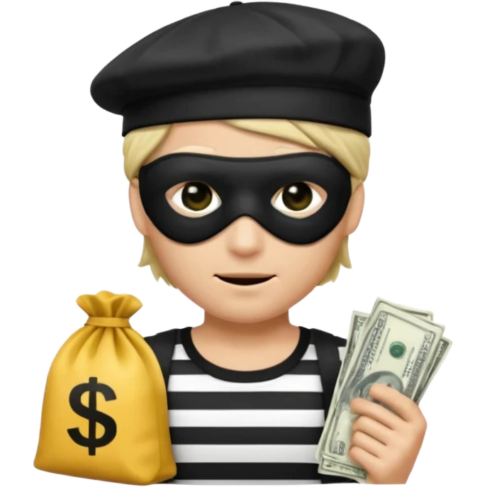 a short ios emoji-style portrait of a classic burglar, a black eye mask (looks like a blindfold) and a black-and-white striped shirt. emoji-like hair, black hat, ONE bag of money 💰 with a dollar sign in a right corner emoji