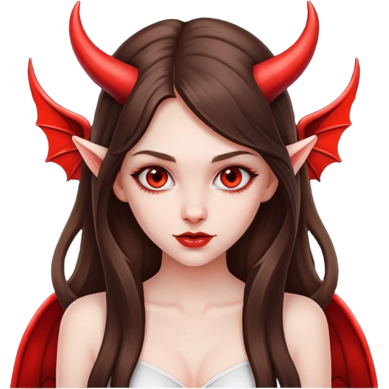 beautiful pale brunette girl with long hair with devil horns and devil wings emoji