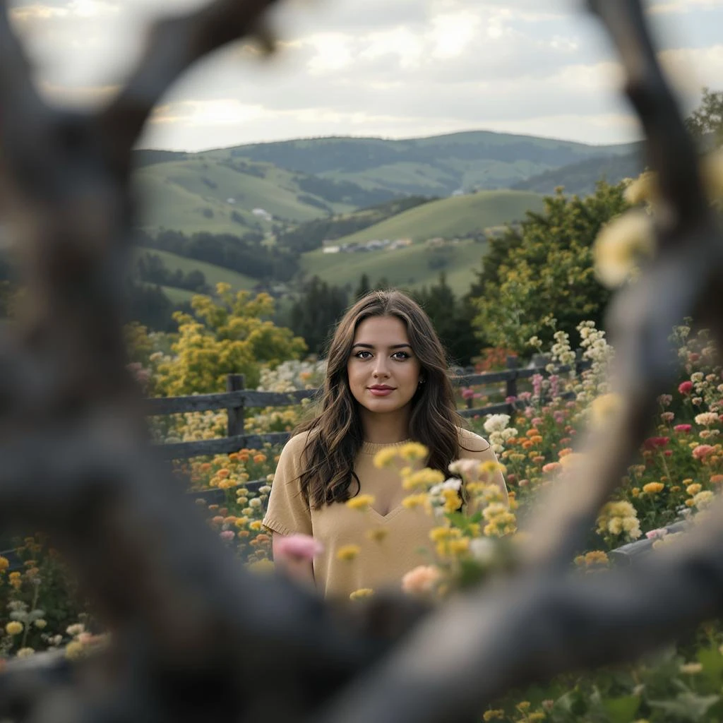 A portrait of a person in the foreground, blurred plants in the foreground (frame within a frame), a wooden fence and colorfull flowers in the midground, rolling hills in the background, cinematic depth of field, layered composition, natural lighting emoji