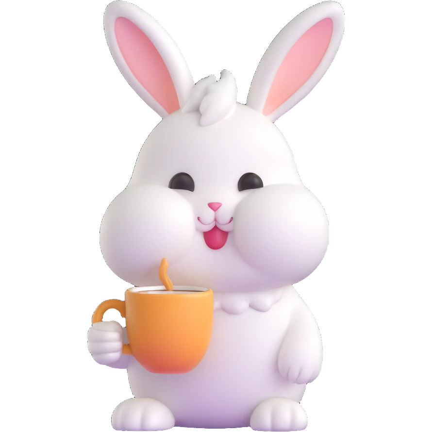 fluffy cream bunny with teardrop eyes holding a coffee mug, cozy soft background emoji