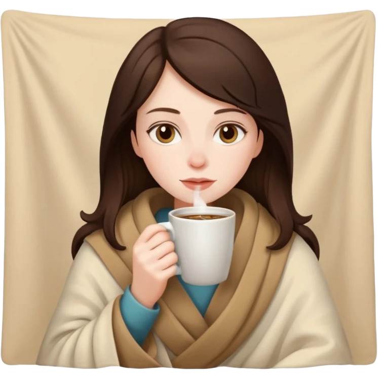 Brunette girl inside a blanket drinking coffee emoji