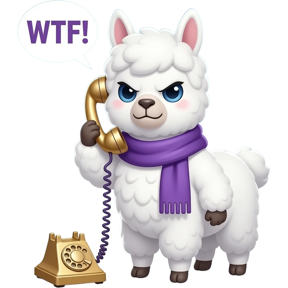 White chibi alpaca (style of image_1.png) in purple scarf, intensely angry scowling face, one hoof holding a vintage rotary phone to its ear, "WTF!" speech bubble above head, epic cloudy Makoto Shinkai sky background, dramatic lighting, anime style. emoji