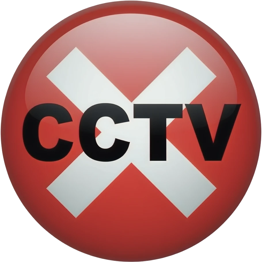 Red filled circle with white X and arrow end points on the X. Big CCTV word in the centre in black emoji