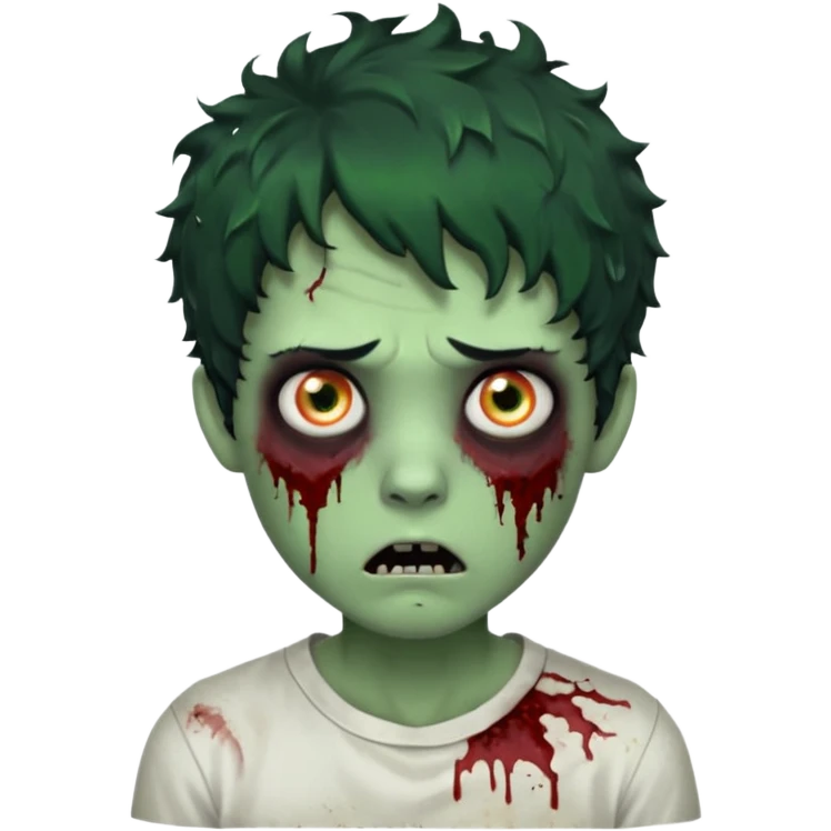 zombie character with green skin, messy short curly black hair, and no glasses. Give him large expressive eyes, a slightly frightened or eerie expression, subtle wounds, dark under-eye shadows, and a few cracks or dried blood marks on the face.  white shirt and without bleeding eyes **BLACK HAIR** emoji