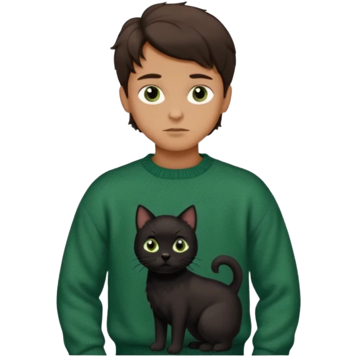 kid with chiseled jawline, brown eyes, flat brown hair facing down, wearing vintage sweater, standing with black dog with wavy hair and black eyes, and black cat with straight hair and green eyes emoji