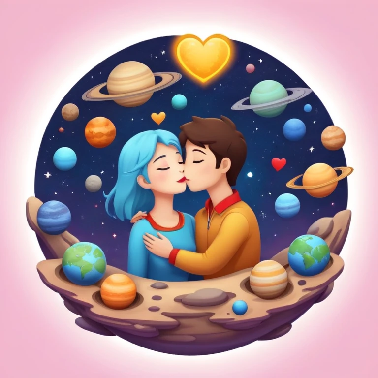 Solar system with heart-shaped planets and couples kissing, cute characters embracing on different planets, colorful cosmic scene emoji