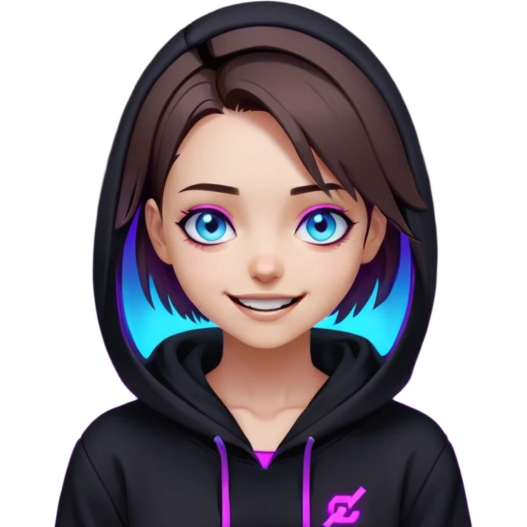 a girl with a brown bob and blue eyes in a black hoodie laughs and holds her head Cyberpunk style. Violet neon. emoji