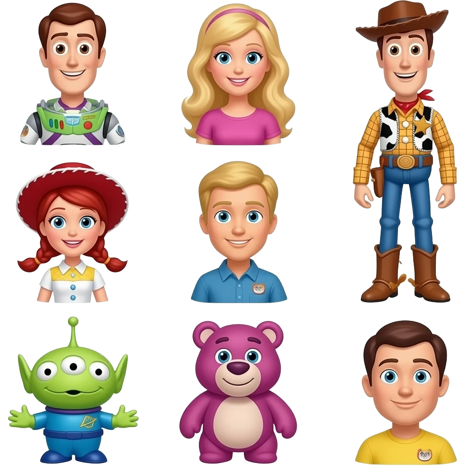 Buzz Lightyear, woody, Barbie, Ken, Jessie, bullseye, Mr tortilla head, Rex, aliens, Lotso, and hamm emoji