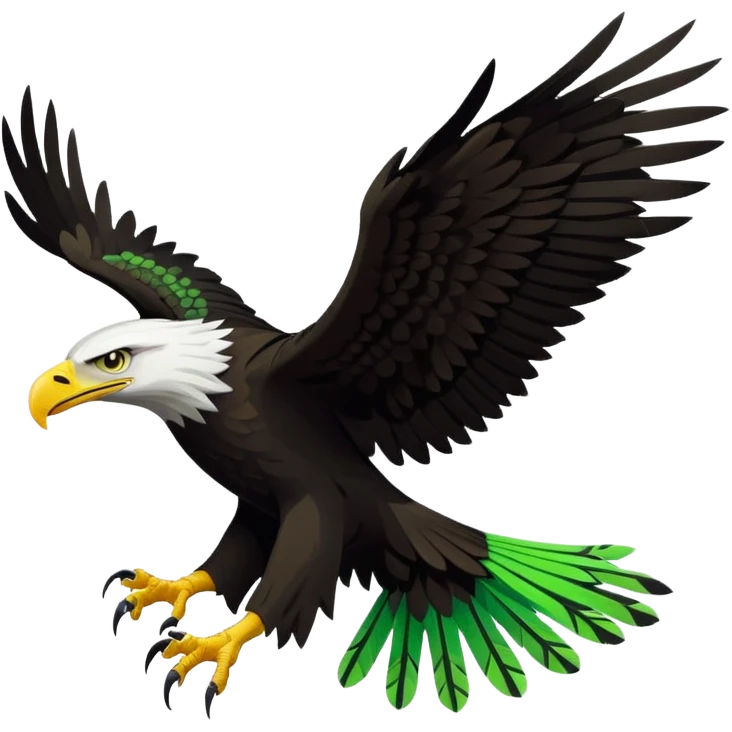Stylized vector eagle flying sideways, wings spread up. Matte black with neon-green angular feather patterns, fierce face, extended talons. Bold flat sticker style with a thick clean white outline. emoji