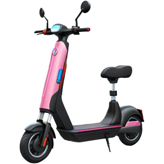 An icon featuring a sleek electric scooter parked on a scenic path. The background showcases a vibrant city park with green trees, flowers, and a clear blue sky. The sun sets in the distance, casting a warm golden glow on the landscape. Transparent background emoji
