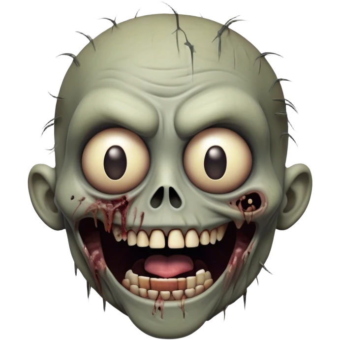 Cinematic Comical Zombie Portrait Emoji, with a grotesquely exaggerated yet playful decaying face in muted ashen tones, head cocked in a dramatically shocked expression with wildly comical, googly eyes and a gaping, silly grin revealing quirky stitches, simplified yet hilariously expressive, highly detailed with a soft eerie glowing outline capturing the absurd humor of a zombie in comic disbelief! emoji