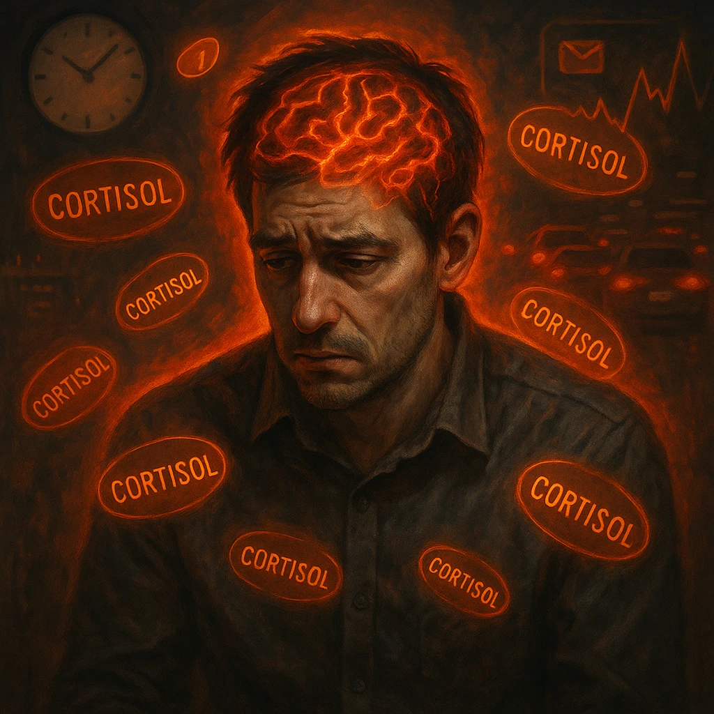 semi-realistic, moody lighting; man in his 30s, chronic stress signs (tired eyes, tense, hunched), glowing 'Cortisol' symbols, reddish-orange aura; blurred background with stress triggers (clocks, notifications, traffic, charts); brain visible with red-orange neural activity; symbolic surrealism emoji