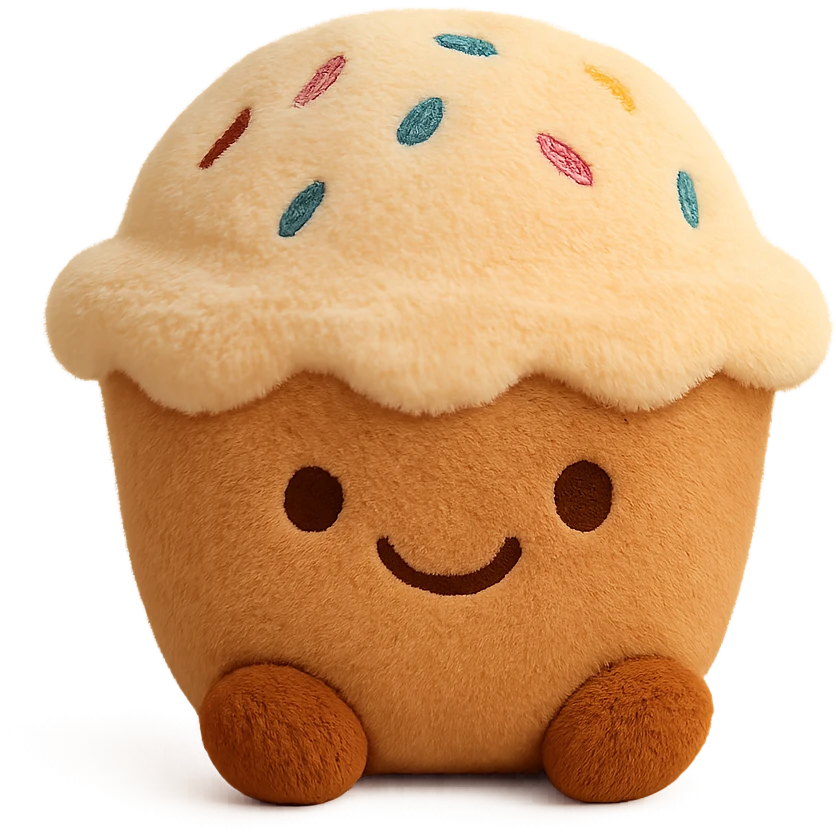 A plush cupcake with soft fabric frosting, embroidered sprinkles, and a happy face stitched onto the front emoji