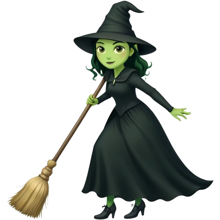 Elphaba, green witch with black hat and long black dress riding a broomstick emoji