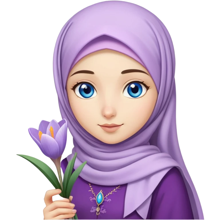 Turkish beautiful finish Konya girl blue eyes with crocus flower hijab long tail dress and hold crocus flower on hand  emoji