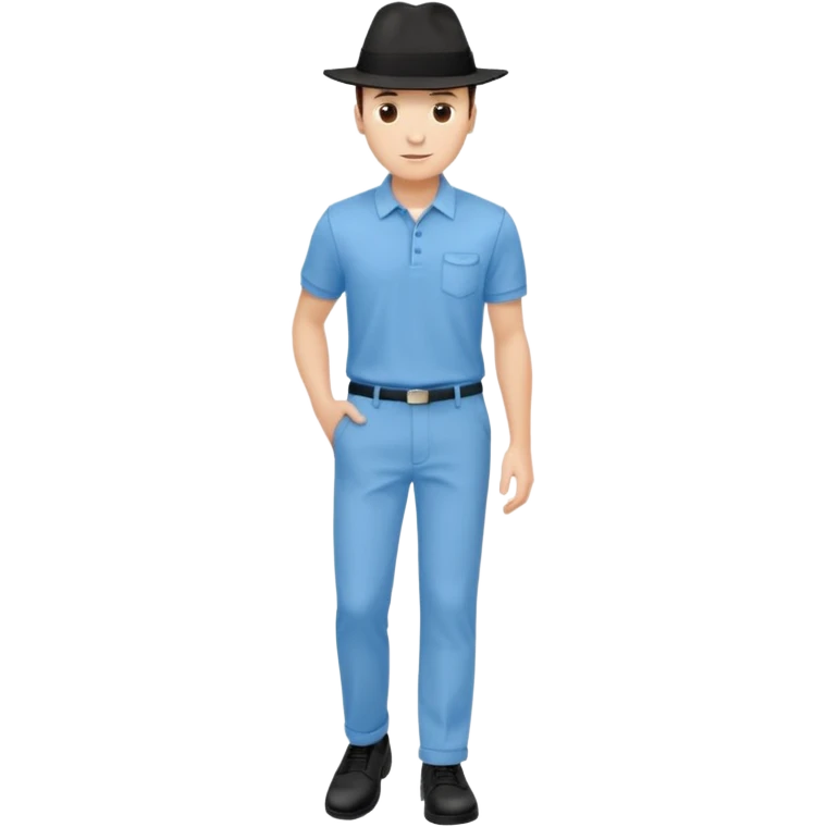 Framed portrait black fedora light blue polo and pants black shoes gradient background emoji