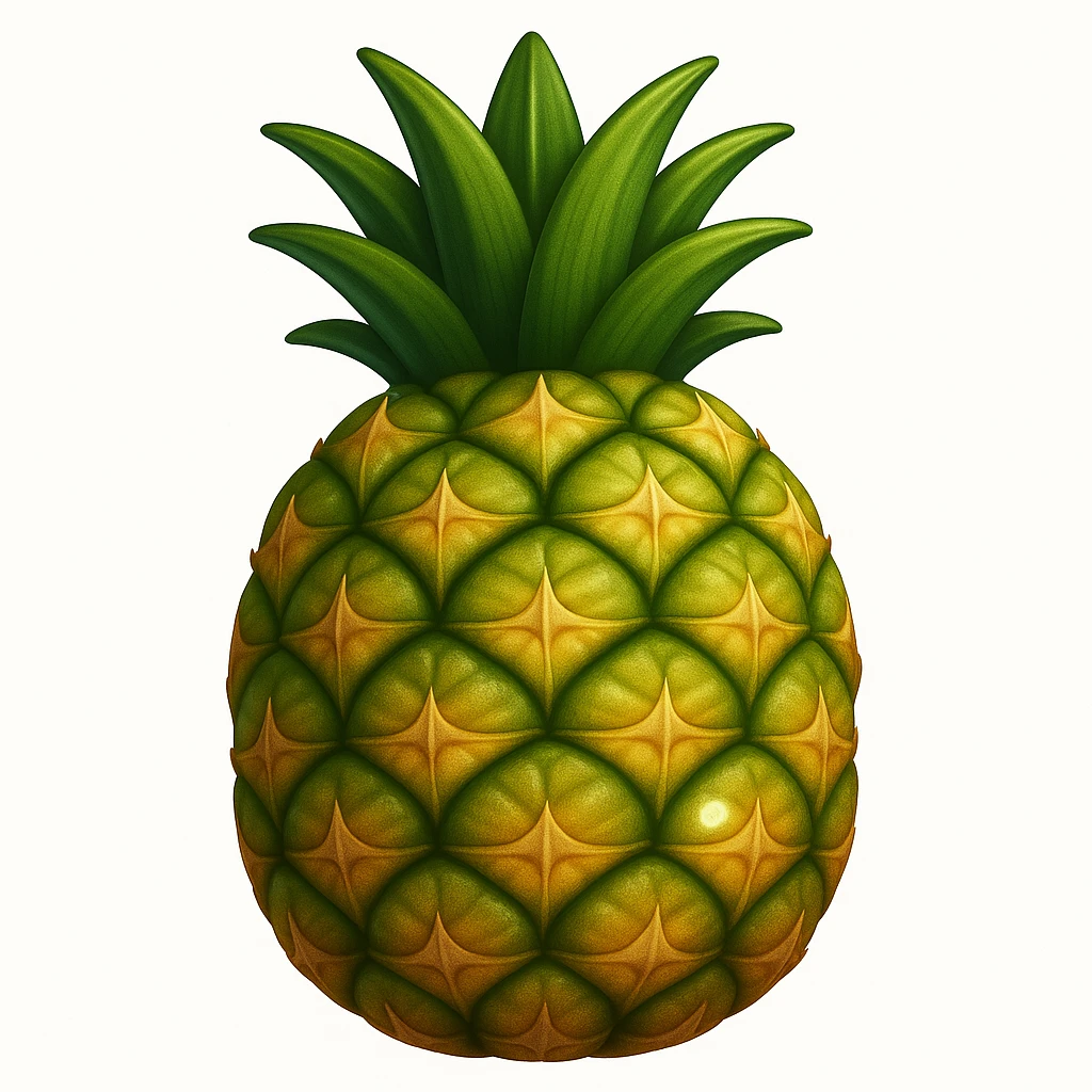 Create a pineapple emoji inspired by the reference image. The style should have realistic texture and detailed pattern but remain simplified and emoji-like. Add a shiny highlight to the pineapple. emoji