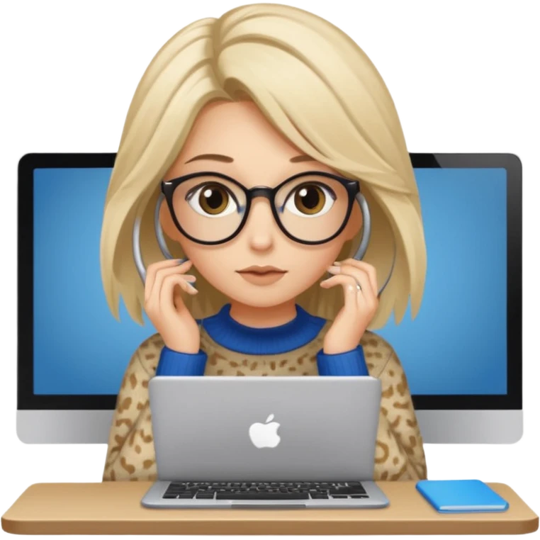 ragazza bionda con capelli lunghi, con occhiali tartarugati, occhi azzurri, con maglione beige, seduti alla scrivania che lavora al pc emoji
