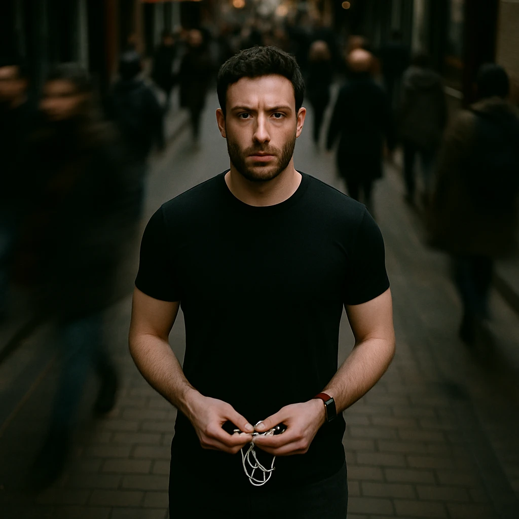 Overhead cinematic shot, reference person, no headphones, black shirt, athletic and fit, standing still on a brick city sidewalk, motion-blurred crowd, moody lighting, 35mm film look, shallow depth of field, sharp focus. Urban. Render in a style suitable for cinematic photography with moody lighting and shallow depth of field. emoji