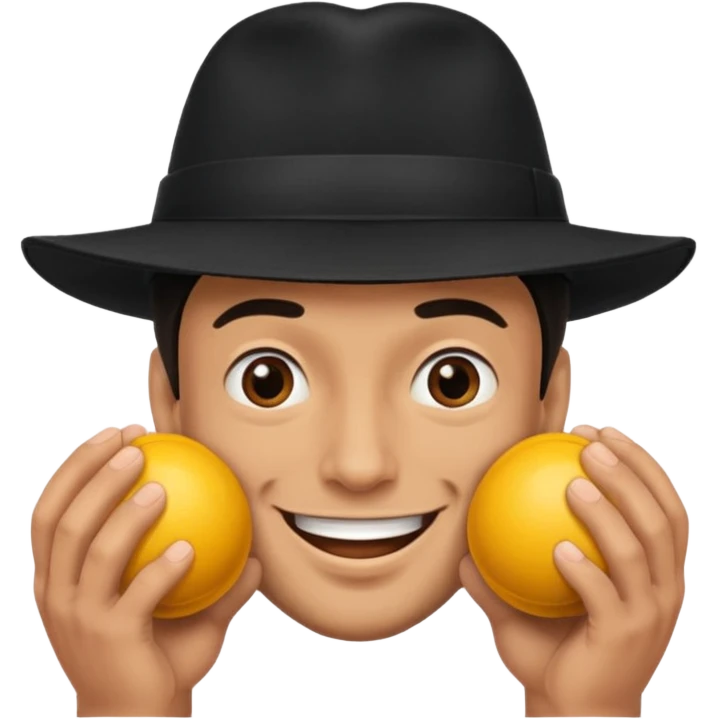 superstitious smiling man in black hat squeezing his balls emoji