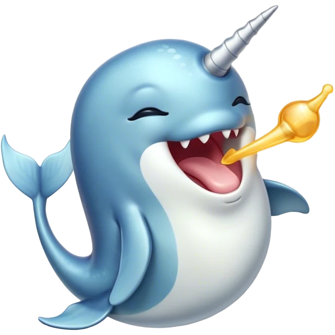 Cinematic Cute Yawning Narwhal Portrait Emoji, Head tilted slightly with a dramatic, wide-open yawn, showcasing a sleek, graceful form and a subtly curved tusk, sleepy eyes half-closed in drowsy contentment, Simplified yet irresistibly adorable features, highly detailed, glowing with a soft, cozy oceanic glow, high shine, relaxed yet expressive, stylized with a touch of whimsical charm, bright and endearing, soft glowing outline, capturing the essence of a drowsy yet affectionate sea guardian that seems ready to drift out of the screen for a nap! emoji
