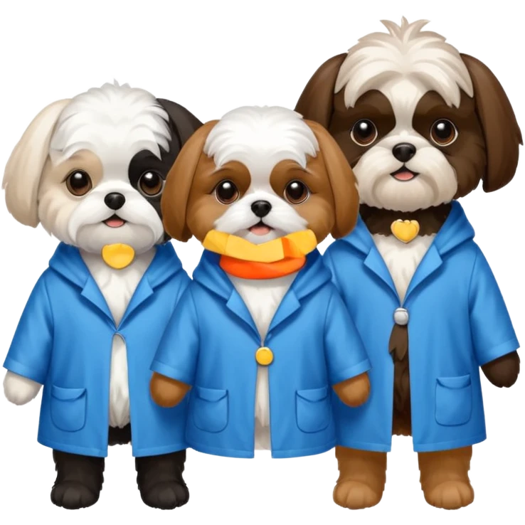 3 dogs wearing rain coats, one white maltese, 1 brown tri colour shihtzu and 1 black and white shitzu emoji