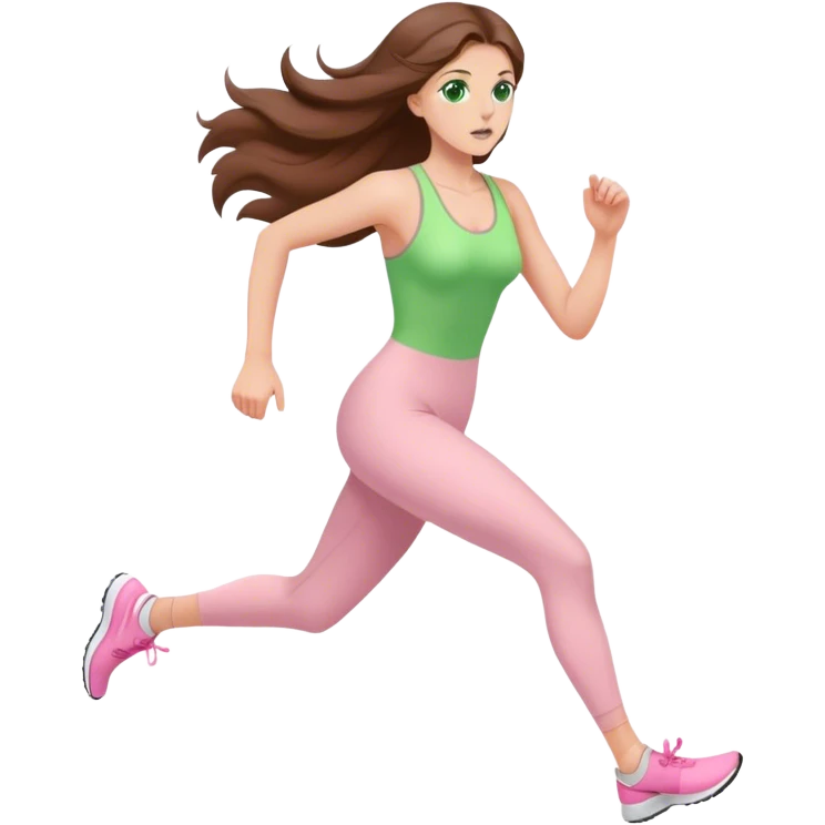 pretty woman with very long brown hair and green eyes and light pink outfit running emoji