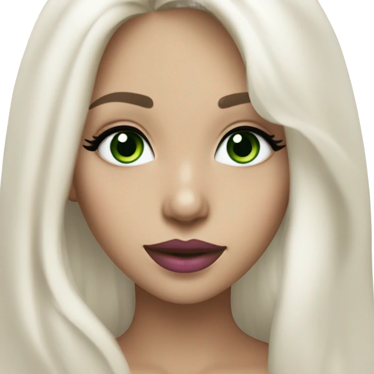 Girl with white blonde long hair and dark green eyes with black eyeliner and very white teeth and pink lipstick emoji