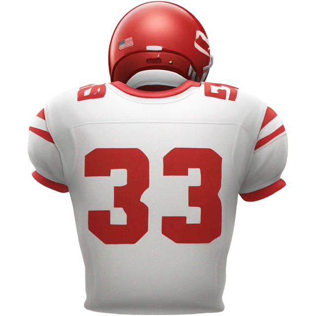 Red and white football jersey with the words “Three Peat World Champs emoji