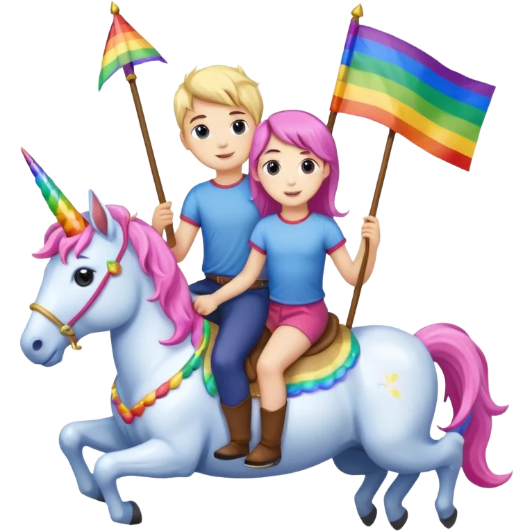 Girl and boy riding unicorn with gay Flag in a Hand  emoji
