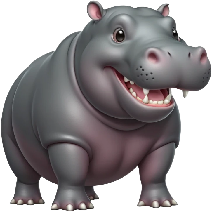 cinematic-hippo-realistic-full-body-side-view-standing-on-all-fours-emoji,-massive-round-frame,-wide-mouthed-grin-exposing-huge-teeth,-head-tilted-dramatically,-thick-grey-hide-glossy emoji