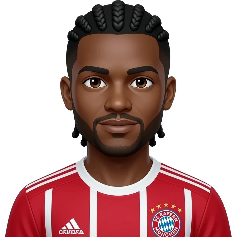 Peux tu créer un emoji sur le thème du footballeur Michael Olisé,joueur du Bayern de Munich qui porte un maillot rouge et blanc également du bayern de Munich, il est de couleur de peau noir et il a des cheveux noir tressées vers l'arrière emoji