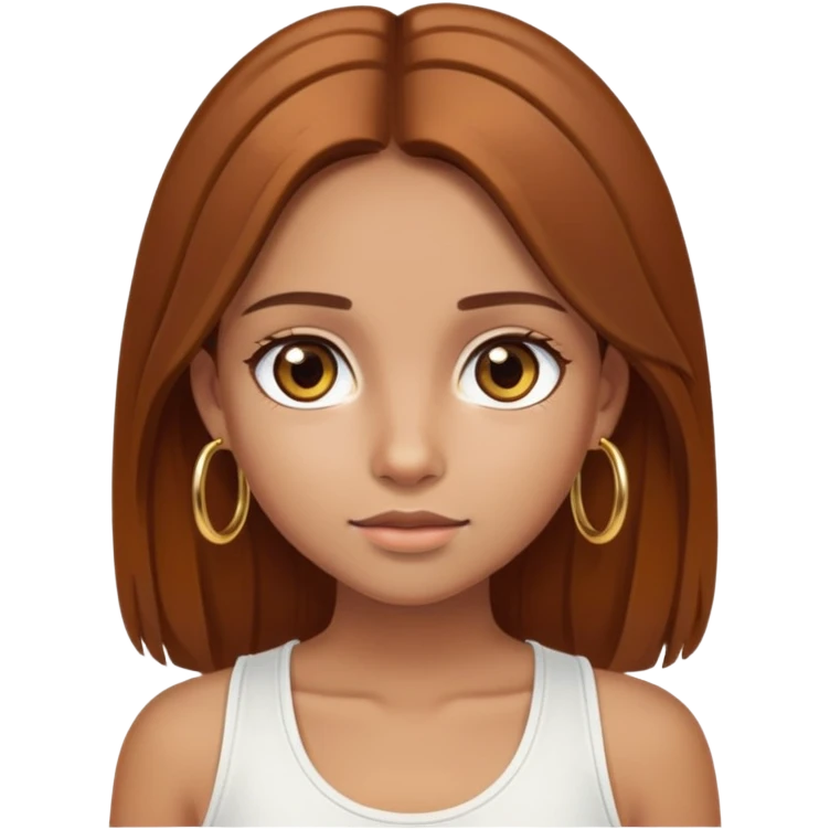 Tan-skinned girl, long straight chestnut hair center-part, big brown eyes, gold hoops, white tank emoji