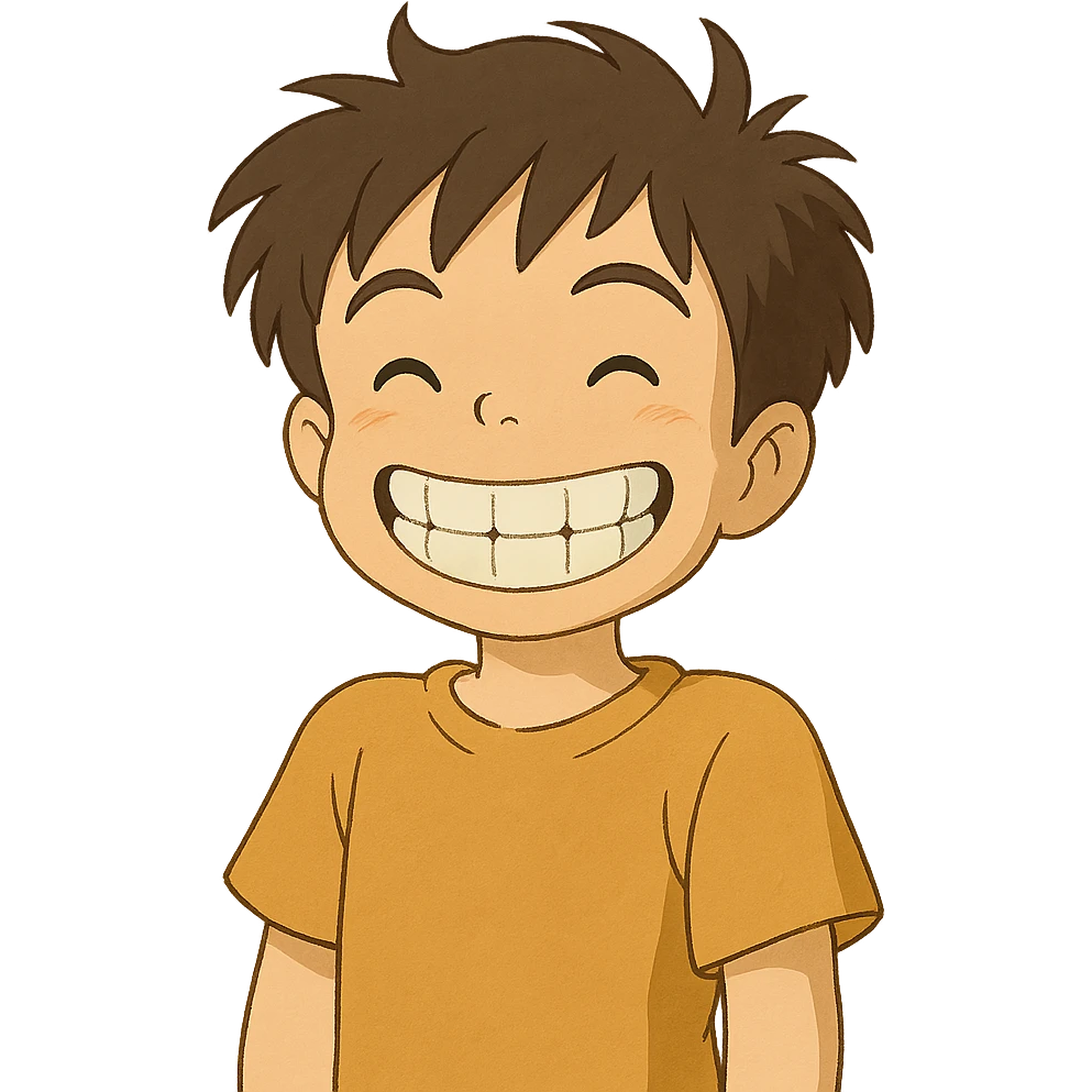 ghibli style little boy smiling and showing teeth emoji