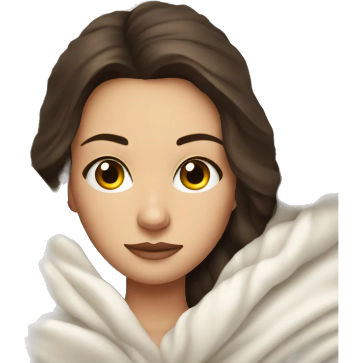 Brunette girl laying on couch wrapped in white knit blanket emoji