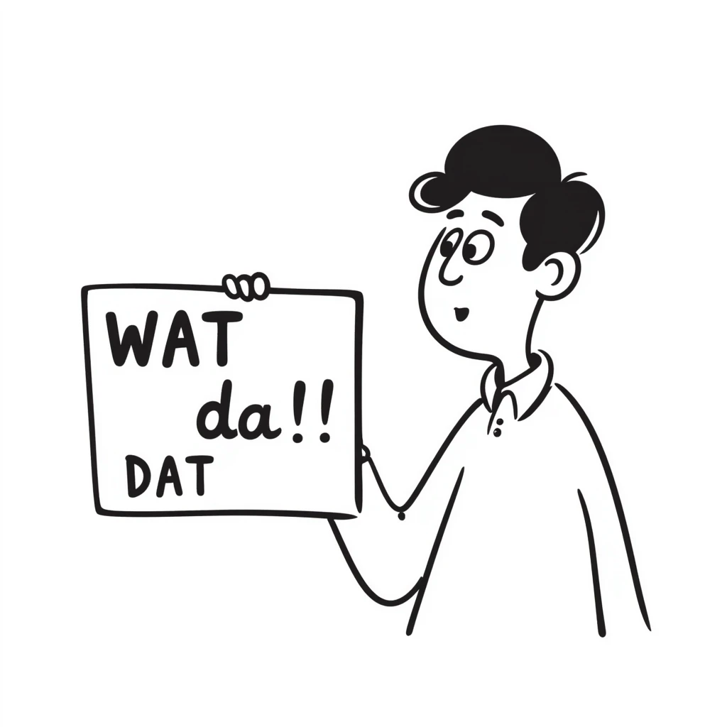 Zoom in so the man's head and the 'wat da' sign are much larger in the frame, keeping the hand drawn doodle style. emoji