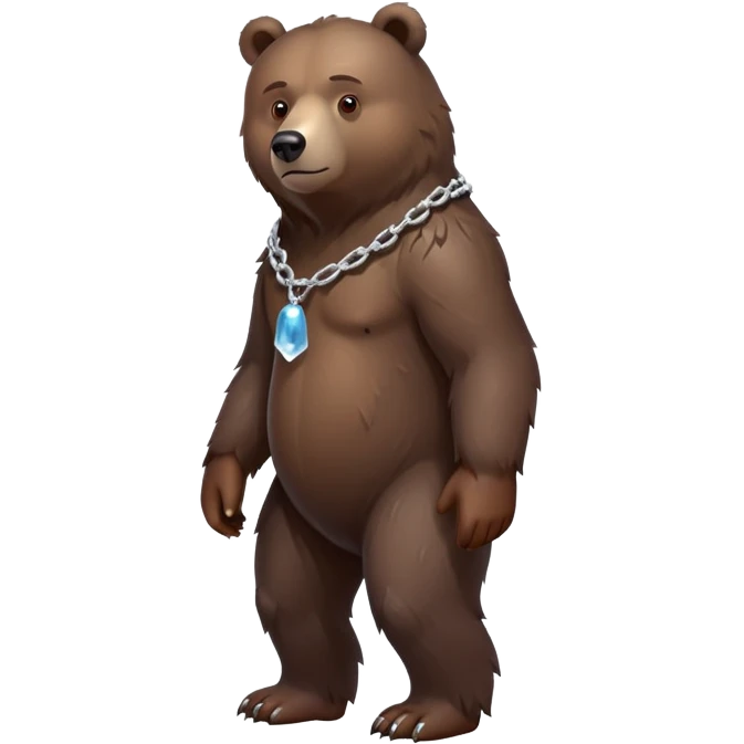 Dark brown bear in a slight walking pose, full body view on all four legs, realistic fur detail, serious expression, ice chain around neck emoji