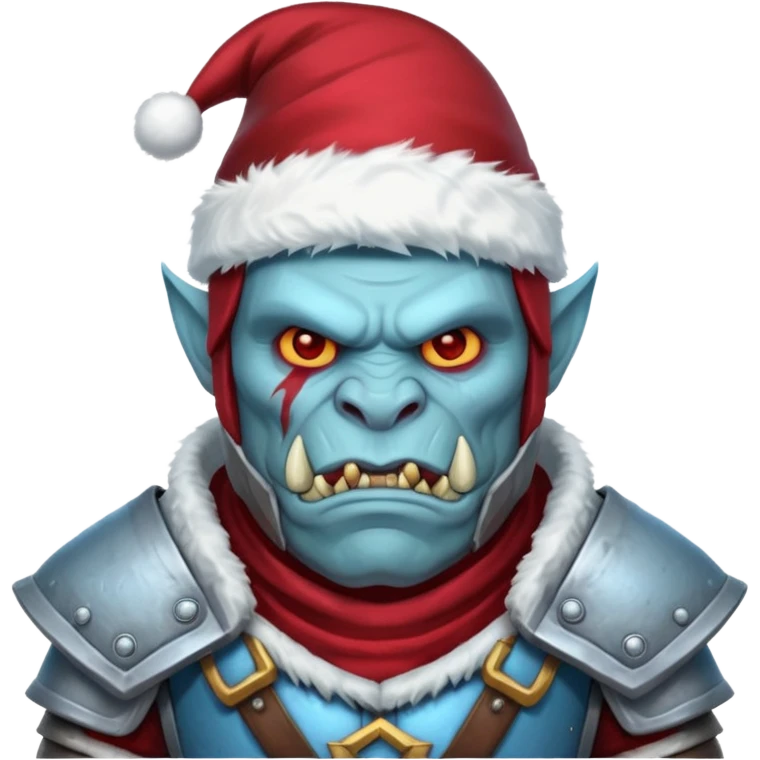 
Fantasy Christmas orc legion soldier icon, iron tundra army theme, heavy winter armor, disciplined brutal look, icy blue steel armor with deep crimson accents, frozen metal texture, cold winter atmosphere, male variant emoji