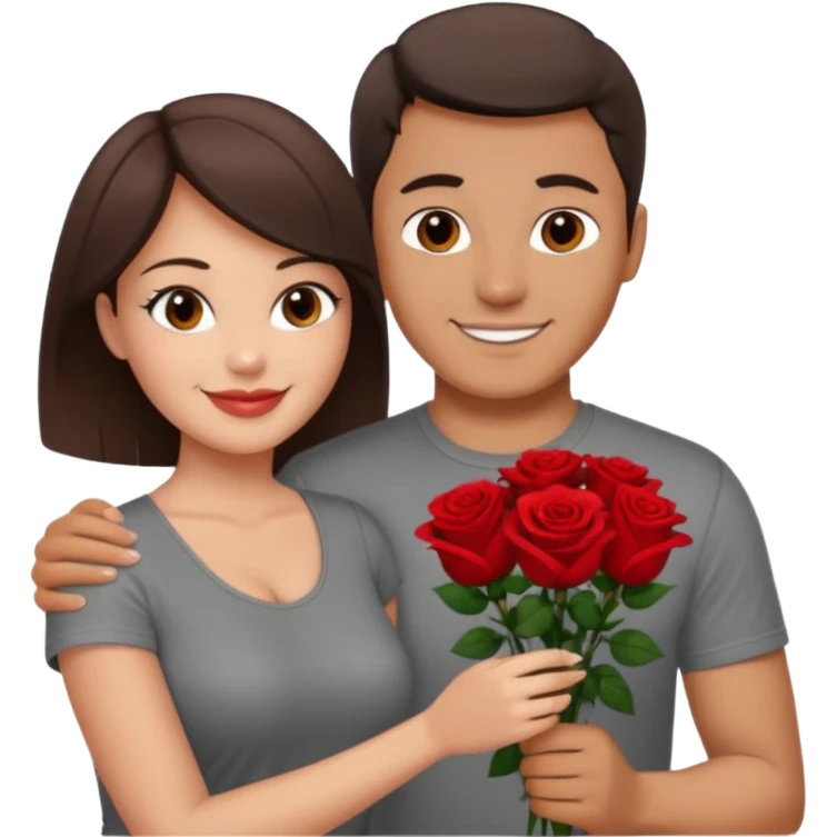 smiling man in grey shirt giving flowers to a pretty, sexy, slightly curvy white woman with short dark brown hair  emoji