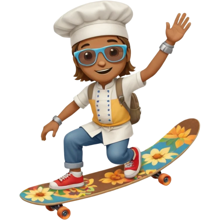 ["A happy boy with brown skin, straight hair, wearing a chef hat and sunglasses, dressed in hippie fashion, is skateboarding while holding a backpack."] emoji