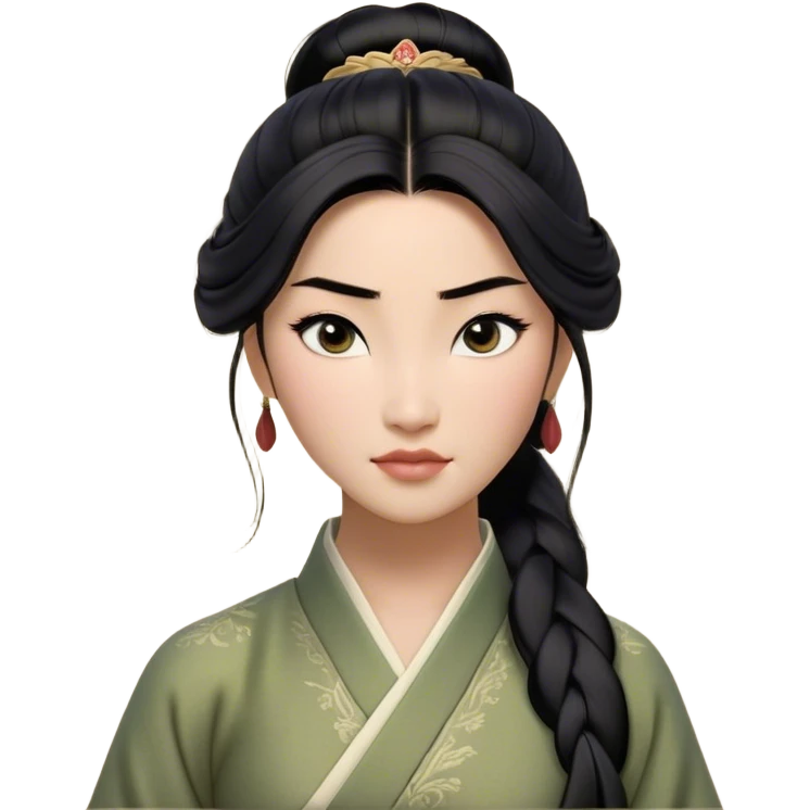 Cinematic Realistic Mulan Portrait, depicted with lifelike skin texture, soft natural lighting, and intricately detailed long black hair styled elegantly. Her deep, expressive eyes exude determination and grace, complemented by a serene yet confident expression. She is dressed in her classic attire, with rich fabric textures and delicate folds that catch the light beautifully. The portrait features a soft, enchanting glow with a natural, radiant finish, capturing the essence of timeless strength and beauty in a realistic and painterly style, evoking a sense of depth and authenticity. emoji