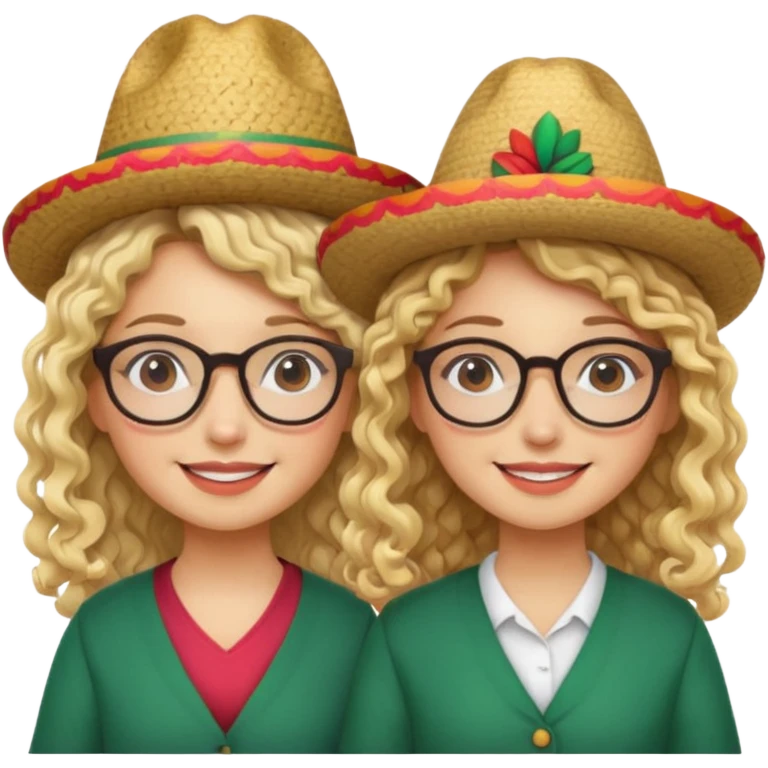 2 blonde girls, one with curly hair and glasses and the other with straight hair and glasses. both wearing Mexican hats emoji