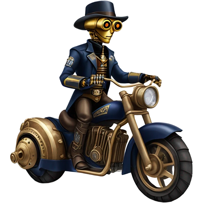 Bounty hunter C-3PO wearing a pair of navy-blue rimmed steampunk goggles, hat, leather chaps, fringe jacket riding a fast sporty 3 wheeler trike steampunk motorcycle in desert town  emoji