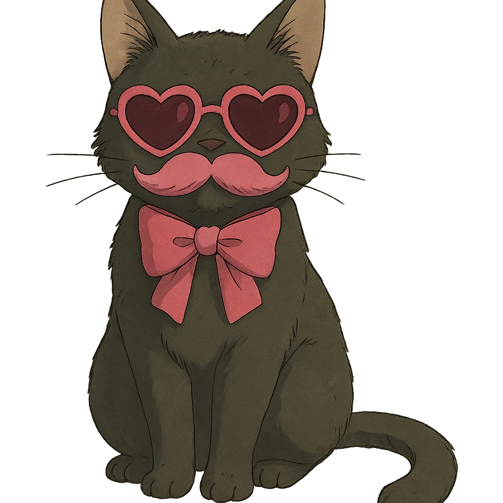cat with pink heart sunglasses, pink moustache, and pink bow in ghibli style emoji