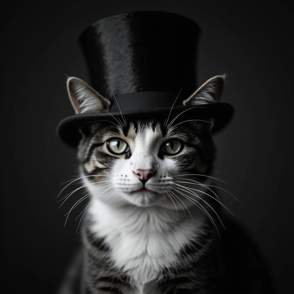 black and white photo-style portrait of a cat in a top hat, high contrast emoji
