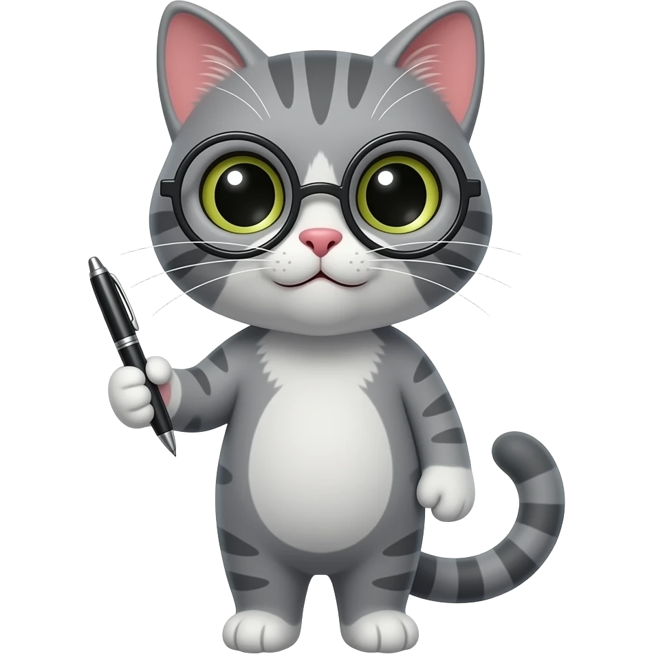 smart grey cat with glasses and pen emoji
