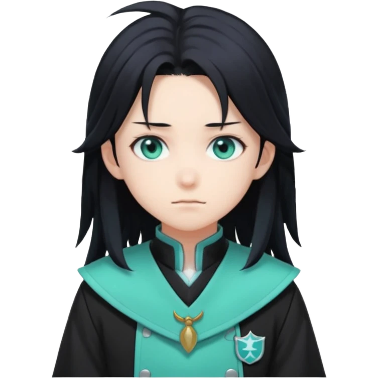 Tokito Muichiro emoji style — calm boy with long black hair fading mint green, turquoise eyes, pale skin, dreamy face, wearing dark Demon Slayer uniform, black + teal tone, anime cute clean style. emoji