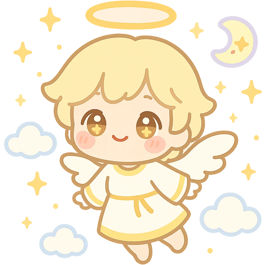 kawaii chibi angel with soft halo, tiny wings, golden eyes, blushing cheeks, pastel white and gold outfit, floating, dreamy expression, sparkles, clouds, celestial sticker emoji